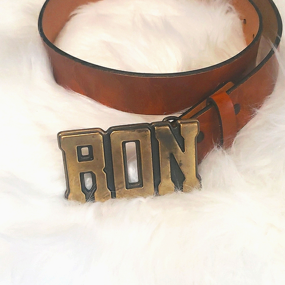 "RON" Vintage Name Brass Buckle Belt Genuine Real Leather Western Cowboy
